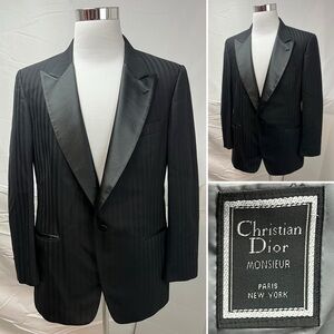Christian Dior Vintage Men’s 44R Black Satin Lapel Striped Tuxedo Jacket Coat